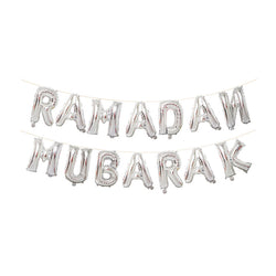 Ramadan Mubarak silver balloons bunting banner set - PartyMonster.ae