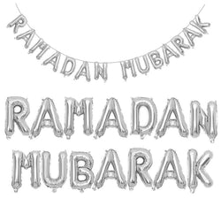 Ramadan Mubarak foil balloons bunting banner set (silver) - PartyMonster.ae